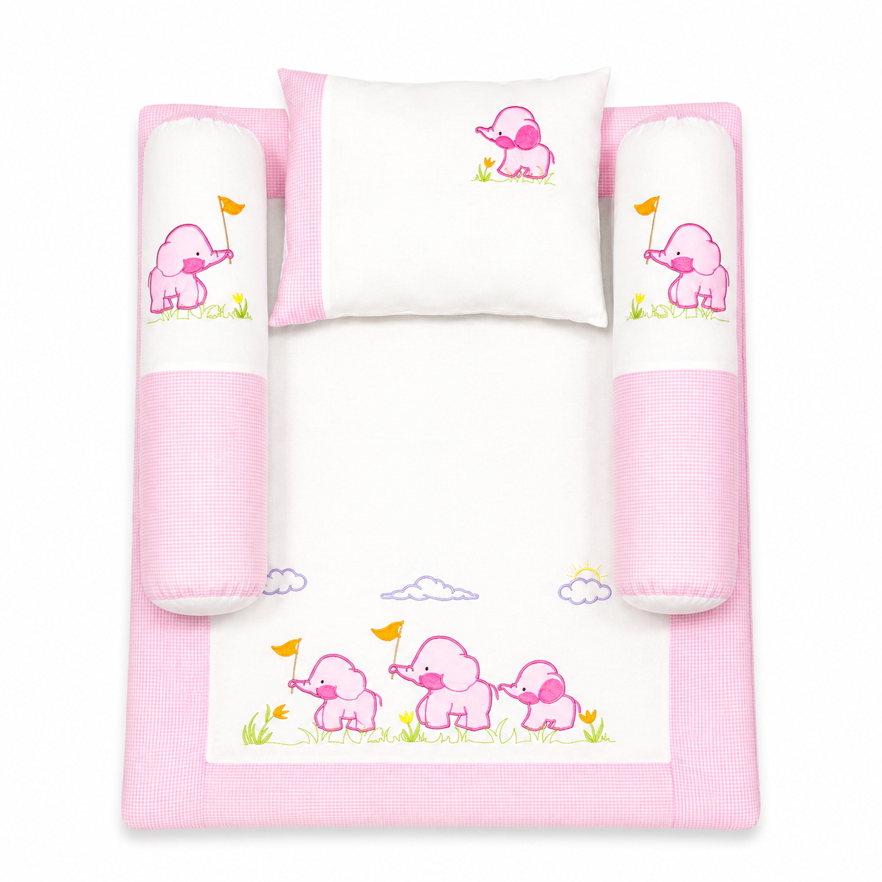 IMG_4910 Baby Cot Sheet With Pillows – Elephant Friends Theme - Image 1